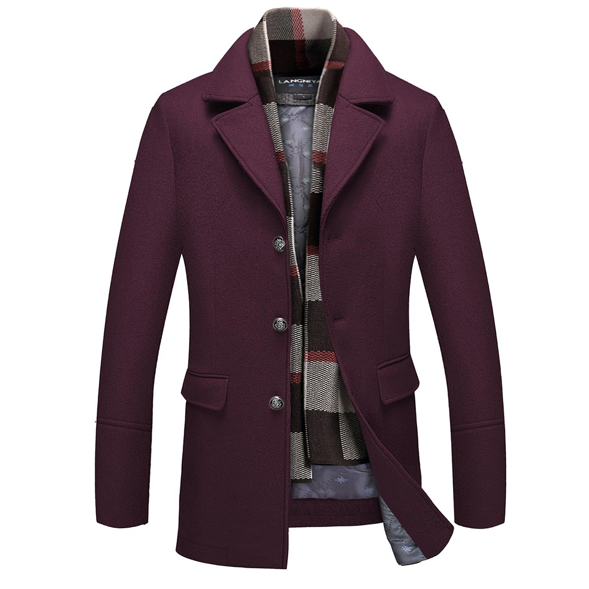 INVACHI Men's Wool Blend Pea Coat Warm Winter Trench Coat with Detachable Soft Scarf Single Breasted Overcoat